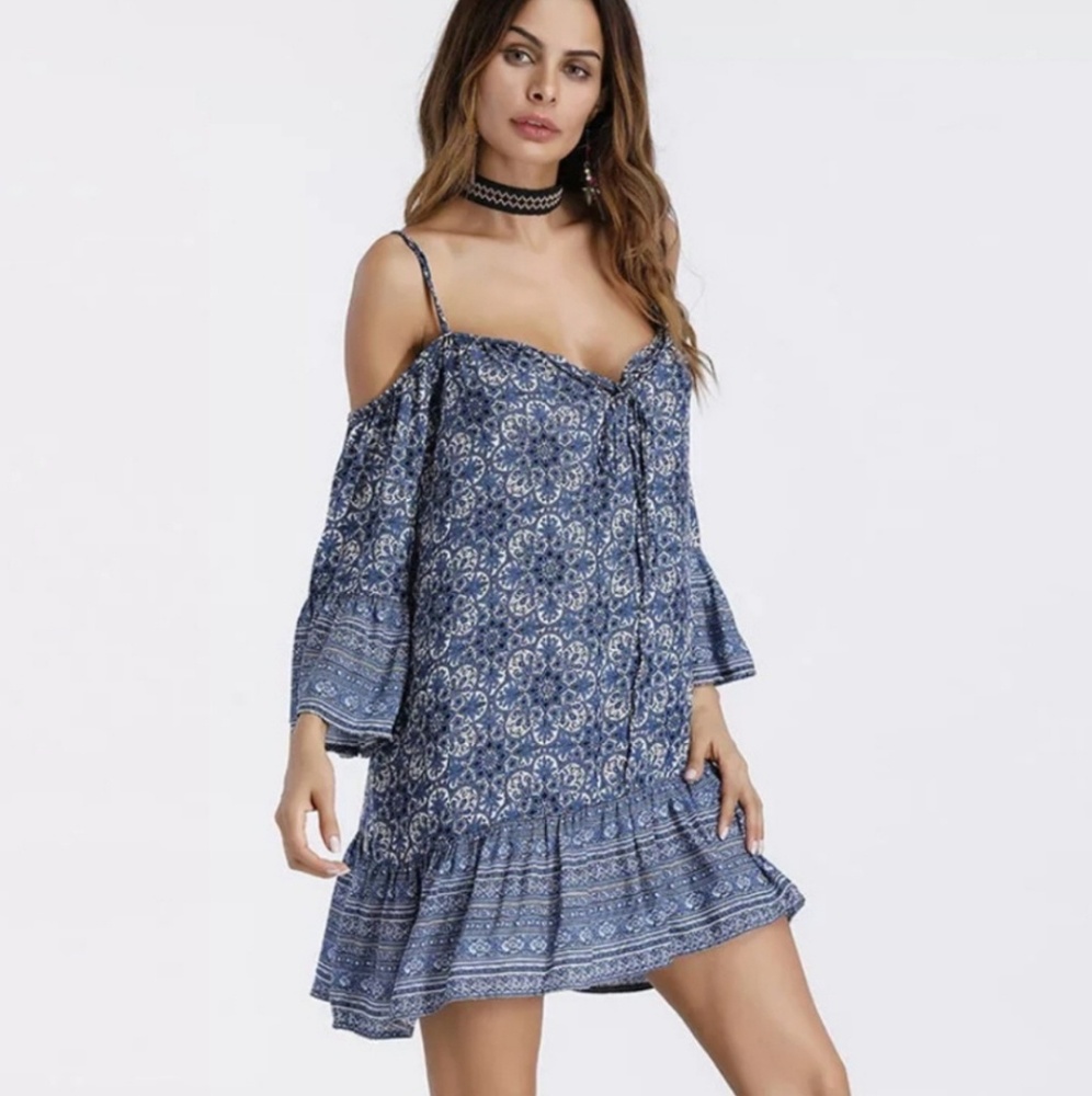 Blue Boho Floral Cold Shoulder Dress